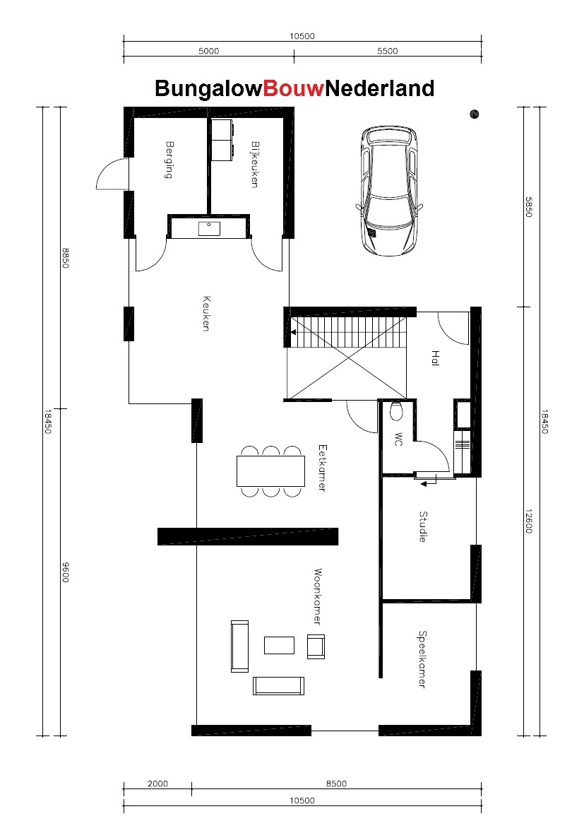   plattegrond indeling woning gelijksvloers wonen, slapen en badkamer met verdieping ontwerp H118