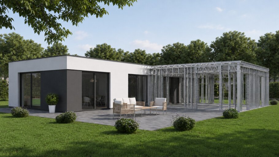u ziet een plaatje van een C-101 woning variant met daarin de staalframe bouwconstructie