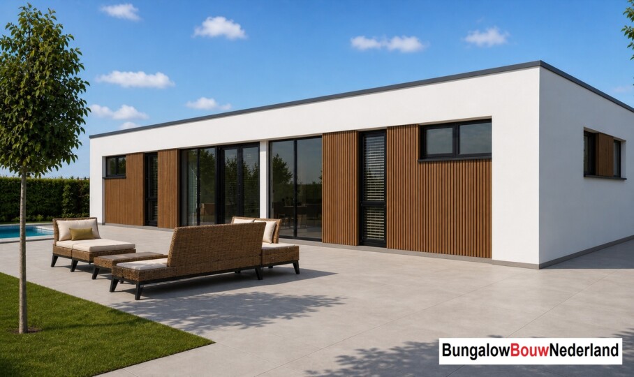 Moderne levensloopbestendige bungalow type A-198 met plat dak van BungalowBouw Nederland, gebouwd met een energiezuinige en circulaire bouwmethode.