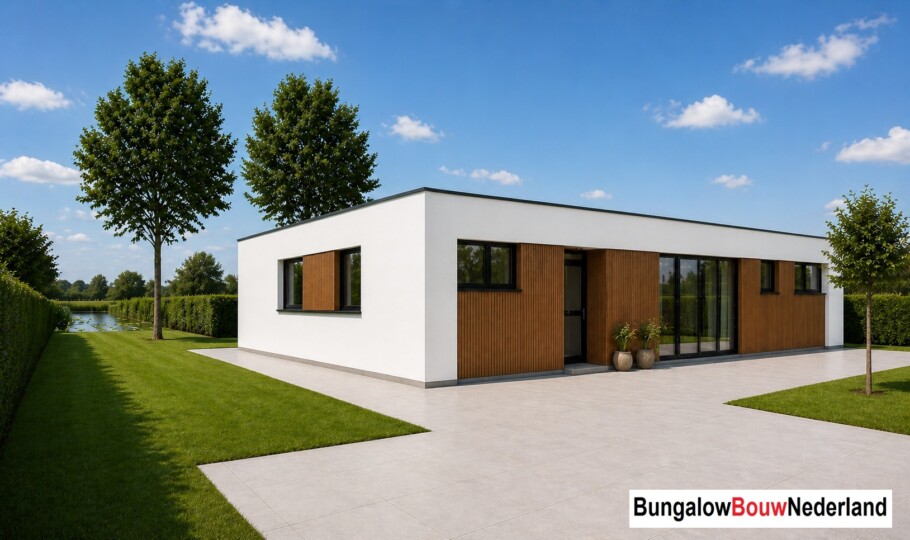 Moderne levensloopbestendige bungalow type A-198 met plat dak van BungalowBouw Nederland, gebouwd met een energiezuinige en circulaire bouwmethode.
