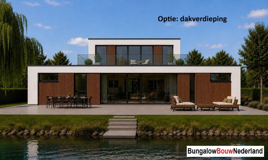 Moderne levensloopbestendige bungalow type A-198 met plat dak van BungalowBouw Nederland, gebouwd met een energiezuinige en circulaire bouwmethode.