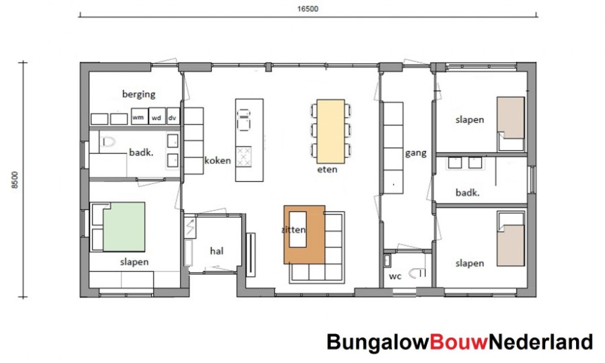 Bungalow Bouw Nederland ontwerp L 198 3 slaapkamers 2 badkamers