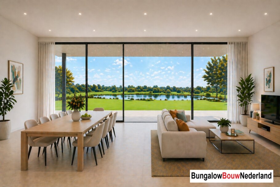 BungalowBouwNederland  H301 interieur inspiratie foto plaatje woninginrichting woonkamer hoog plafond 