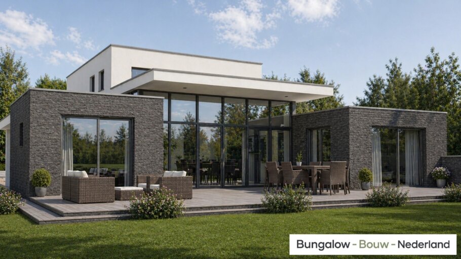 H-301 moderne kubistische bungalowvilla met verdieping en grote glaspartijen