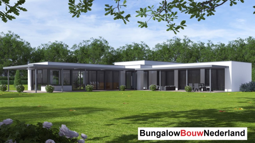 Bungalowbouw Nederland B168 gelijkvloerse woning met overdekt terras staalframebouw Nederland