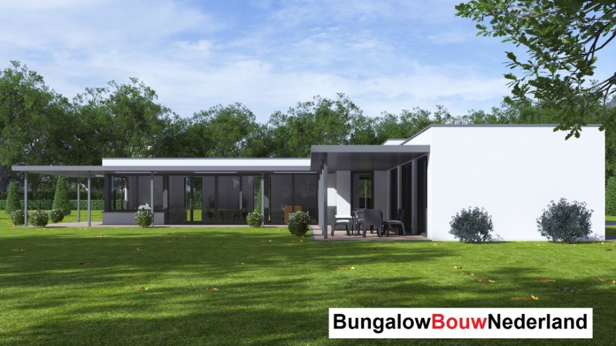 Bungalowbouw Nederland B168 gelijkvloerse woning met overdekt terras staalframebouw Nederland