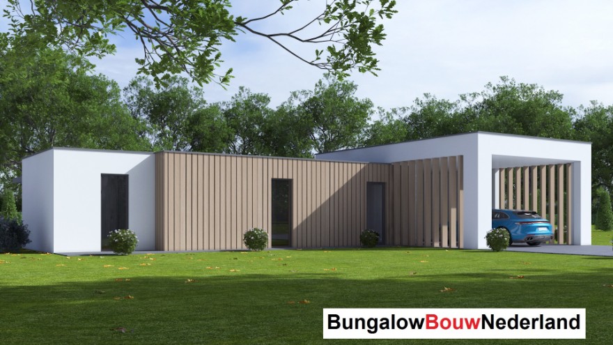 Bungalowbouw Nederland B168 gelijkvloerse woning met overdekt terras staalframebouw Nederland