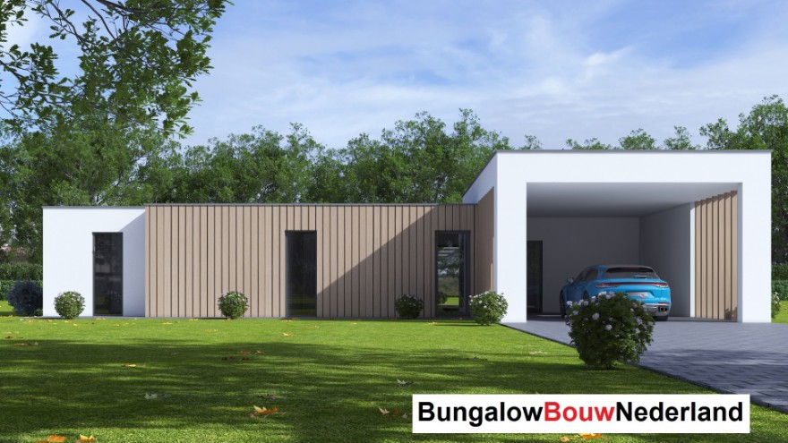 Bungalowbouw Nederland B168 gelijkvloerse woning met overdekt terras staalframebouw Nederland