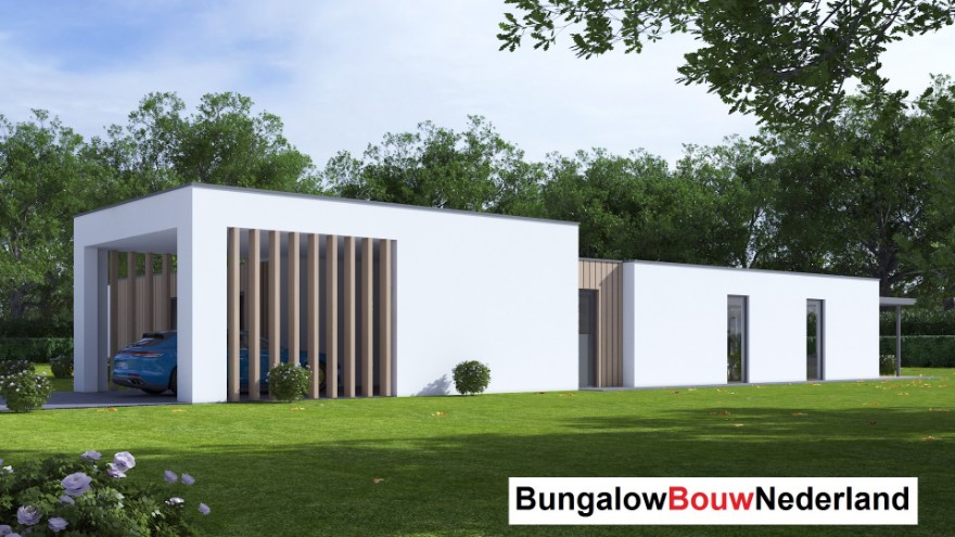 Bungalowbouw Nederland B168 gelijkvloerse woning met overdekt terras staalframebouw Nederland