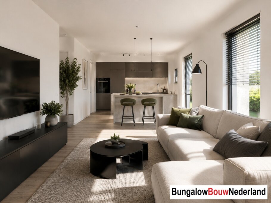 Interieur inspiratie voor bungalow L154 met plat dak en prefab staalframebouw constructie