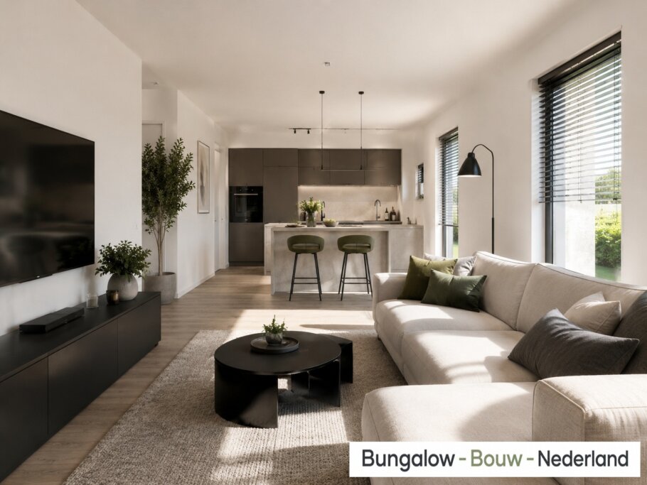 Interieur inspiratie voor bungalow L154 met plat dak en prefab staalframebouw constructie