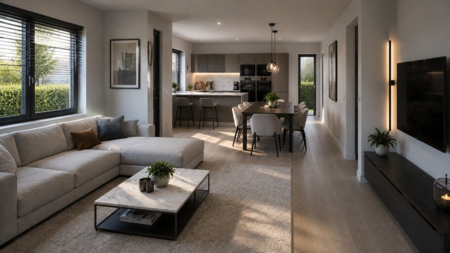 Modern interieur van een gelijkvloerse bungalow met leefkeuken en grote raampartijen