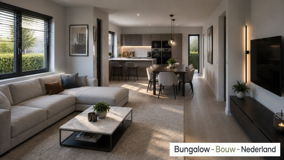 Interieur inspiratie voor bungalow L154 met plat dak en prefab staalframebouw constructie