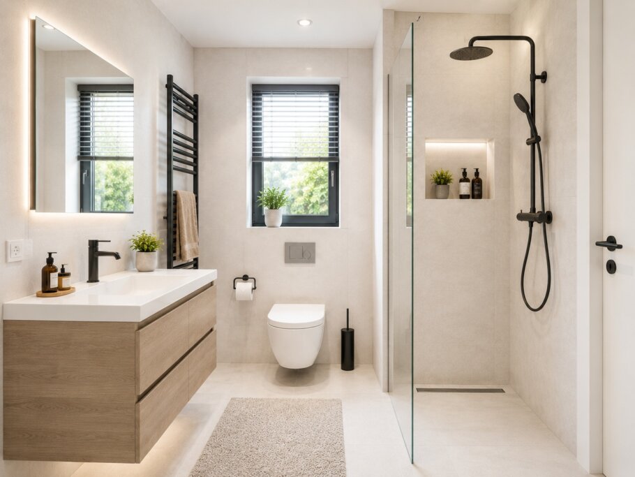 Modern interieur van een gelijkvloerse bungalow met leefkeuken en grote raampartijen
