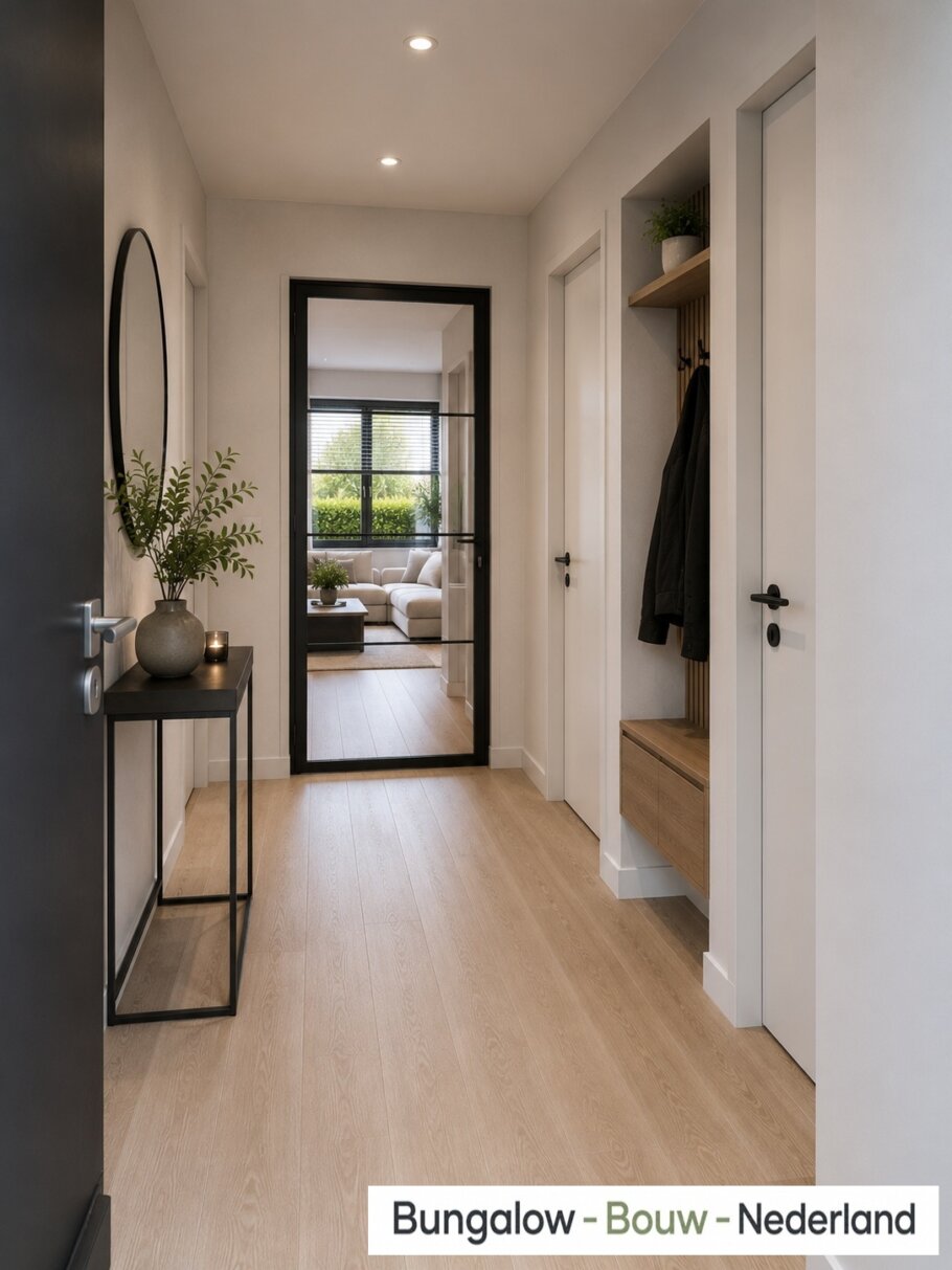 Interieur inspiratie voor bungalow L154 met plat dak en prefab staalframebouw constructie