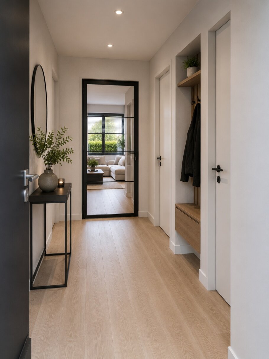 Modern interieur van een gelijkvloerse bungalow met leefkeuken en grote raampartijen