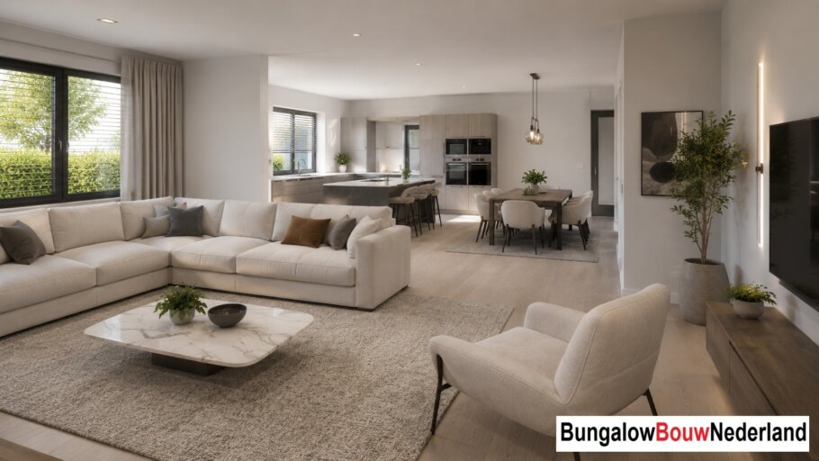 Interieur inspiratie voor bungalow L154 met plat dak en prefab staalframebouw constructie