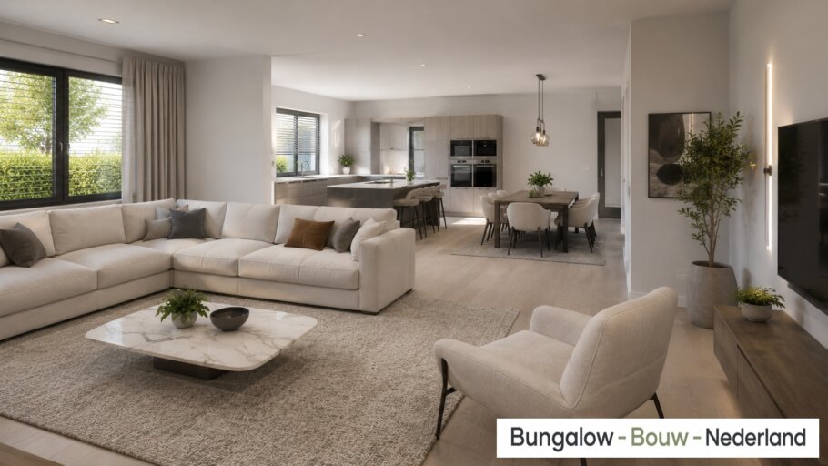 Interieur inspiratie voor bungalow L154 met plat dak en prefab staalframebouw constructie