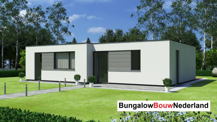 Kleine vrijstaande bungalow met plat dak 2 slaapkamers type L154 Steelframe staalframebouw