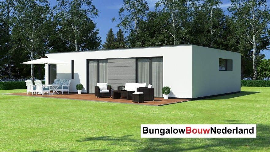 Kleine vrijstaande bungalow met plat dak 2 slaapkamers type L154 Steelframe staalframebouw