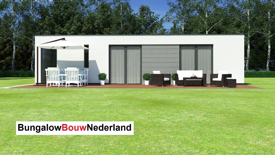 Kleine vrijstaande bungalow met plat dak 2 slaapkamers type L154 Steelframe staalframebouw
