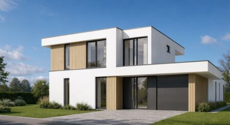 K-407 witte moderne kubistische kubus woning met veel glas prefab interieur