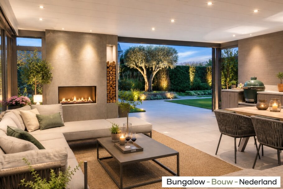 Moderne bungalow L-82 met plat dak, royale overdekte terrassen, designcarport en grote glaspartijen