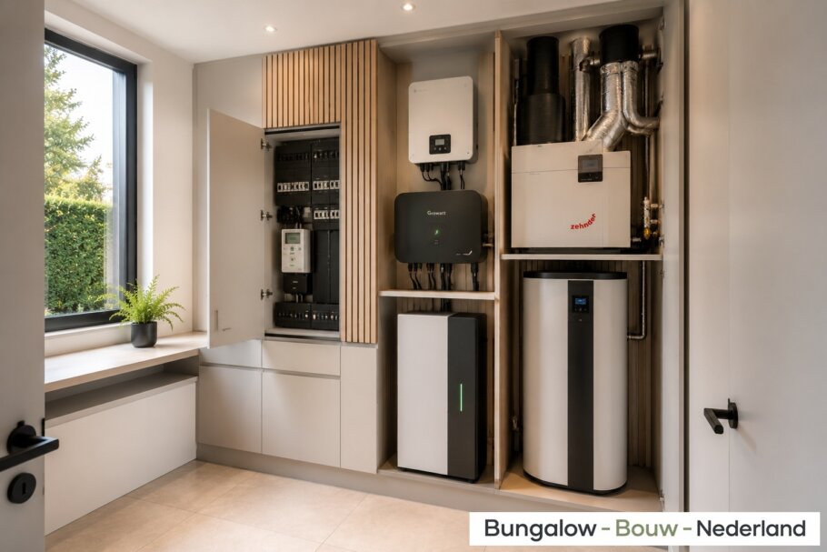 Modern interieur van bungalow L-60 met luxe woonkamer, leefkeuken, badkamer en slaapkamer