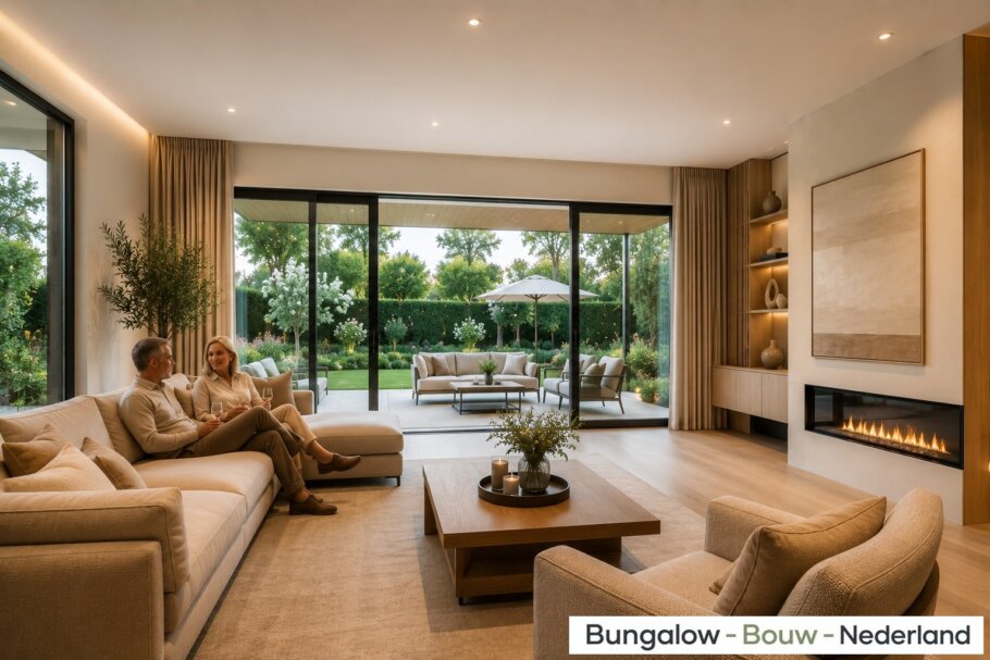 Modern interieur van gelijkvloerse woning A-82 met woonkamer, leefkeuken, slaapkamer en grote glaspartijen