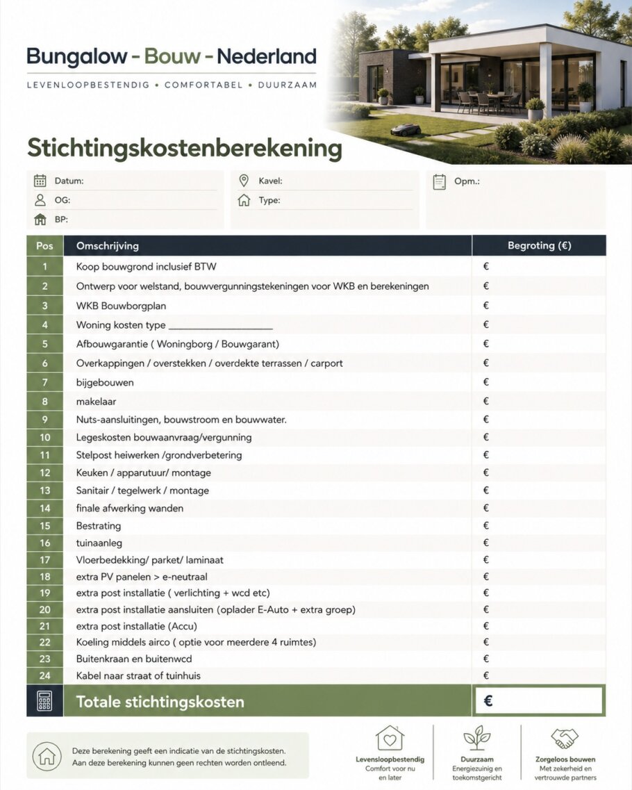 Overzicht stichtingskosten voor het bouwen van een moderne bungalow