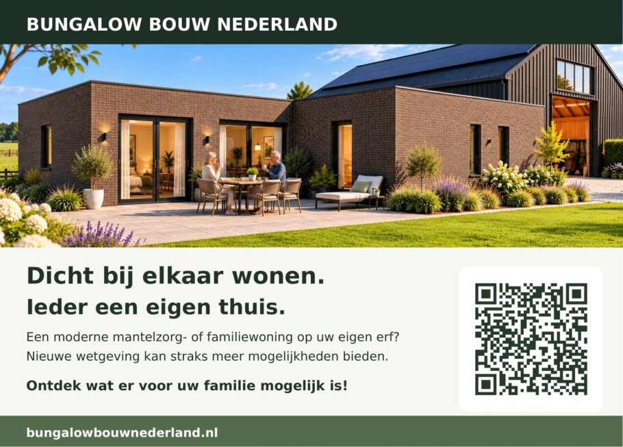 Vooraanzicht prefab mantelzorgwoning van 50 m² met verticale lichtgrijze gevelbekleding en witte kozijnen