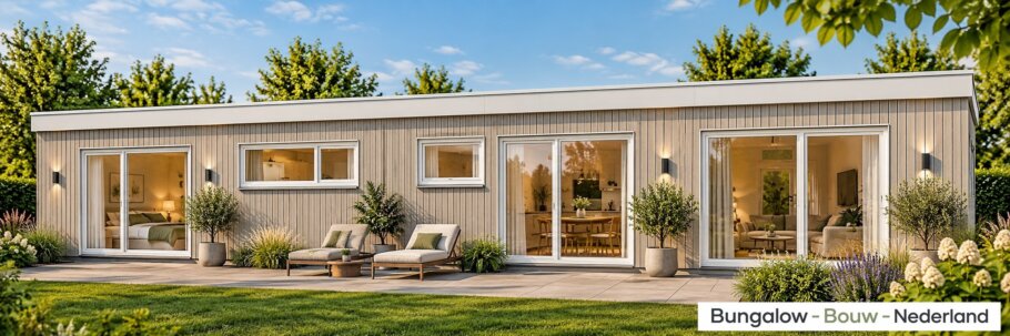 Vooraanzicht prefab mantelzorgwoning van 50 m² met verticale lichtgrijze gevelbekleding en witte kozijnen