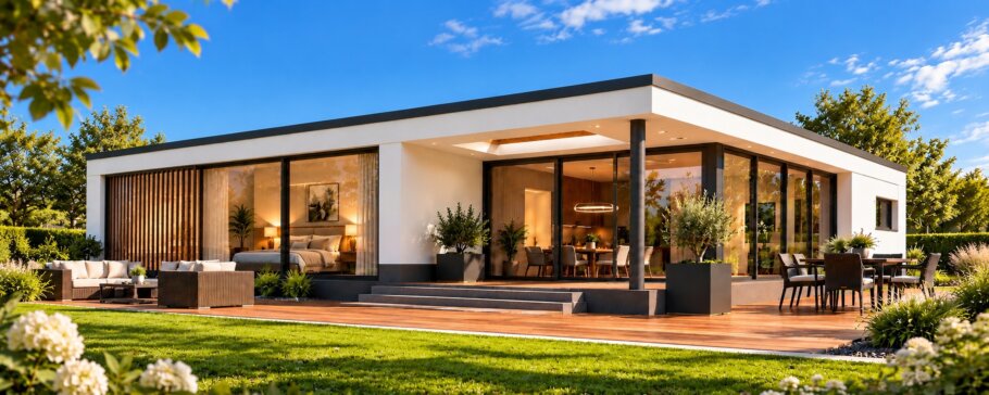 Moderne gelijkvloerse bungalow met plat dak, grote glazen puien, overdekt terras en zonnige tuin.