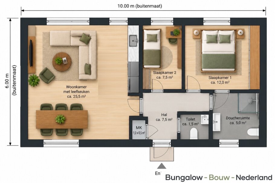 Plattegrond mantelzorgwoning 60 m² met 1 of 2 slaapkamers, leefkeuken, badkamer en separaat toilet