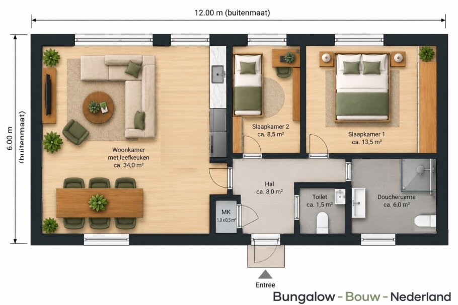 Plattegrond mantelzorgwoning 72 m² met 2 slaapkamers, leefkeuken, badkamer en separaat toilet