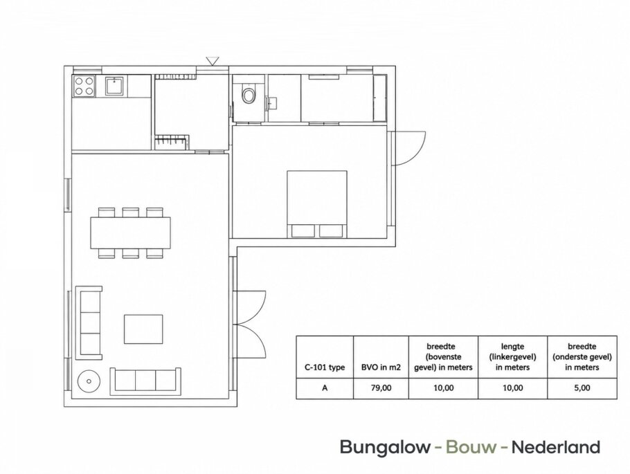 Voorbeeldplattegrond L-vormige prefab mantelzorgwoning met flexibele ruimte-indeling