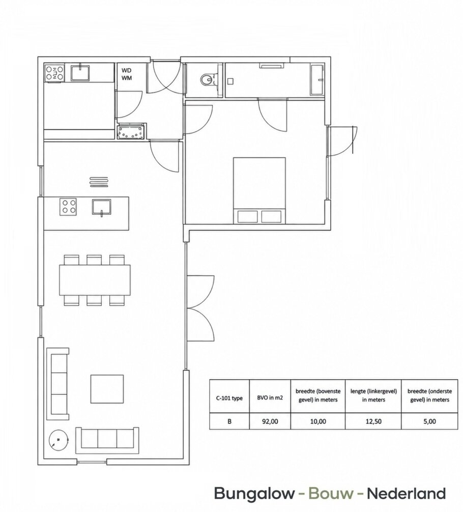 Voorbeeldplattegrond L-vormige prefab mantelzorgwoning met flexibele ruimte-indeling