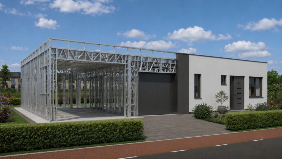 Moderne woning in staalframebouw waarbij de prefab staalconstructie vloeiend overgaat in de gerealiseerde luxe woning met moderne architectuur