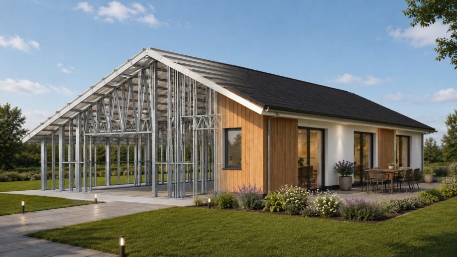 Moderne woning in staalframebouw waarbij de prefab staalconstructie vloeiend overgaat in de gerealiseerde luxe woning met moderne architectuur