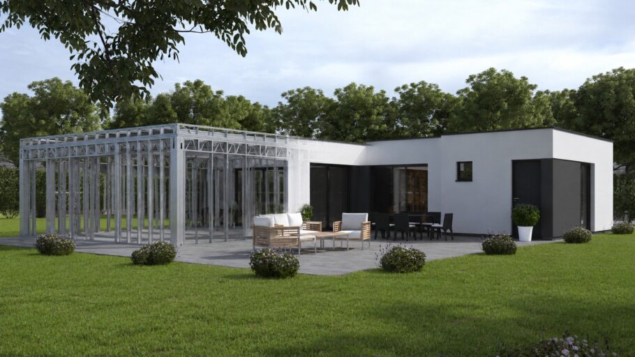 Moderne woning in staalframebouw waarbij de prefab staalconstructie vloeiend overgaat in de gerealiseerde luxe woning met moderne architectuur