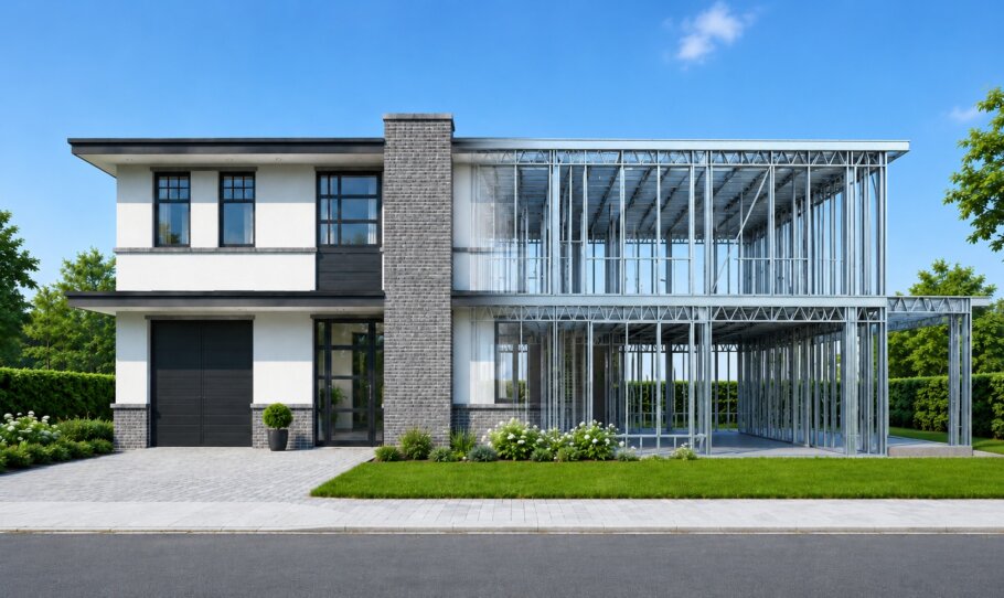 Moderne woning in staalframebouw waarbij de prefab staalconstructie vloeiend overgaat in de gerealiseerde luxe woning met moderne architectuur