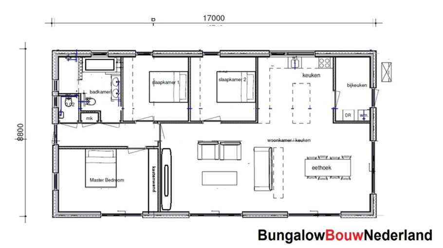 Onderhoudsarme gelijkvloerse bungalow met licht hellend dak en gestuukte gevel met houten accenten als bekleding