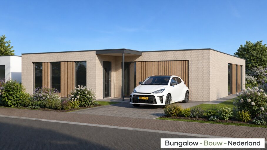 Moderne levensloopbestendige bungalow L-196 met plat dak, veranda en overdekt terras