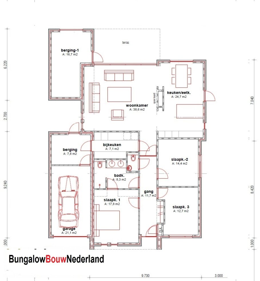 Moderne levensloopbestendige bungalow type L-27 met plat dak, hoge woonkamer en grote glazen gevels