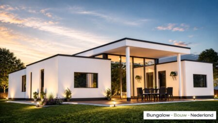 Moderne levensloopbestendige bungalow ontwerp A-27 met grote glaspartijen, moderne architectuur NOVA HUIS