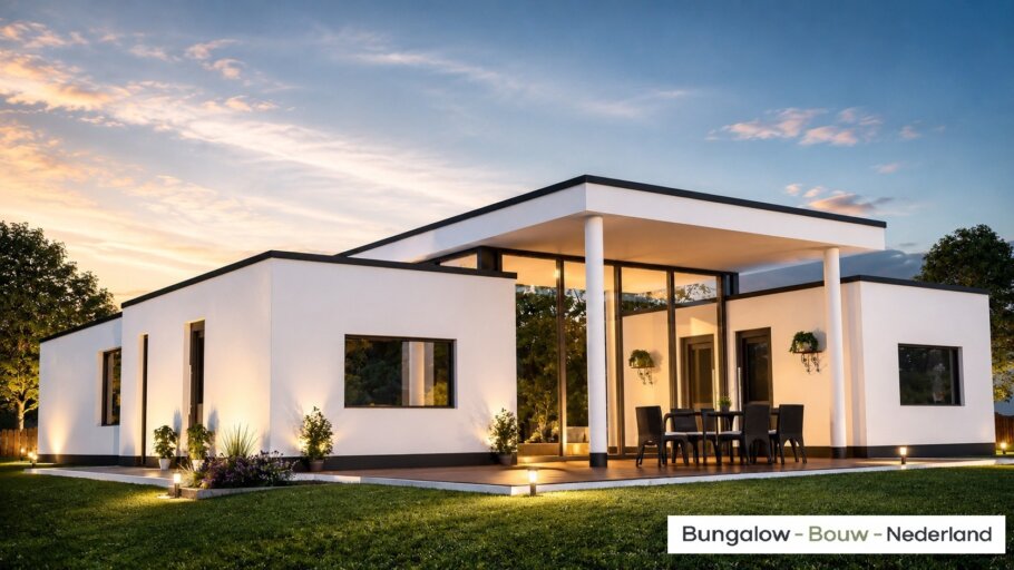 Moderne levensloopbestendige bungalow type L-27 met plat dak, hoge woonkamer en grote glazen gevels