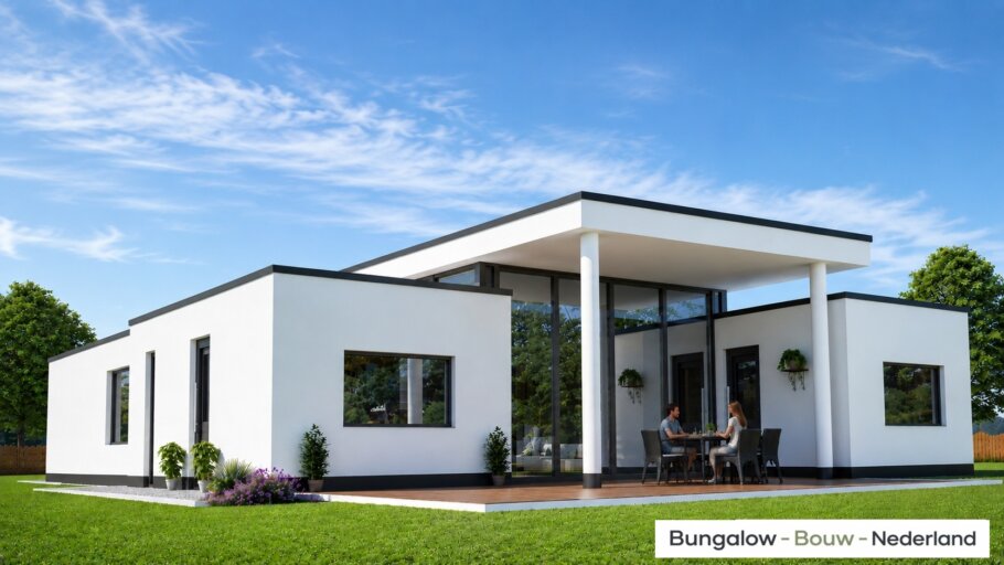 Moderne levensloopbestendige bungalow type L-27 met plat dak, hoge woonkamer en grote glazen gevels