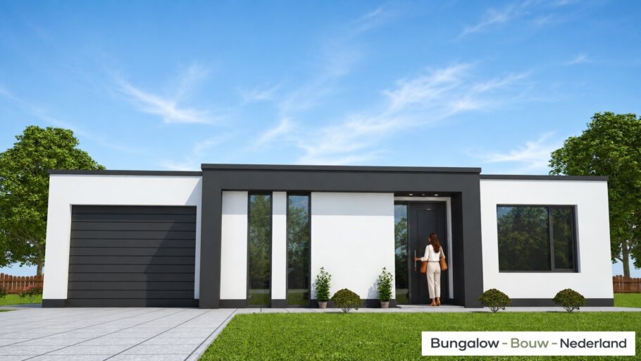 Moderne levensloopbestendige bungalow type L-27 met plat dak, hoge woonkamer en grote glazen gevels