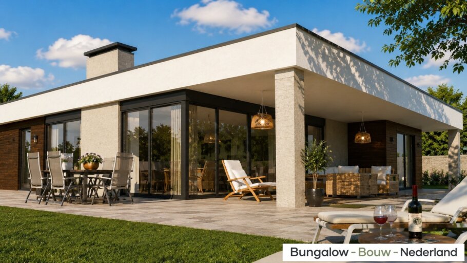 Moderne bungalow L-82 met plat dak, royale overdekte terrassen, designcarport en grote glaspartijen