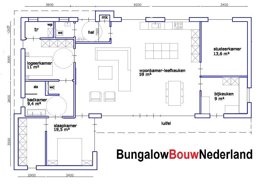bungalow ontwerpkosten  en bouwkosten overstek boven pui plat dak type L90
